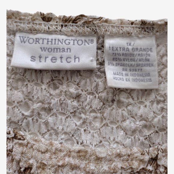 Worthington Tan Floral Popcorn Textured Stretch Short Sleeved Blouse 1X - Picture 8 of 9